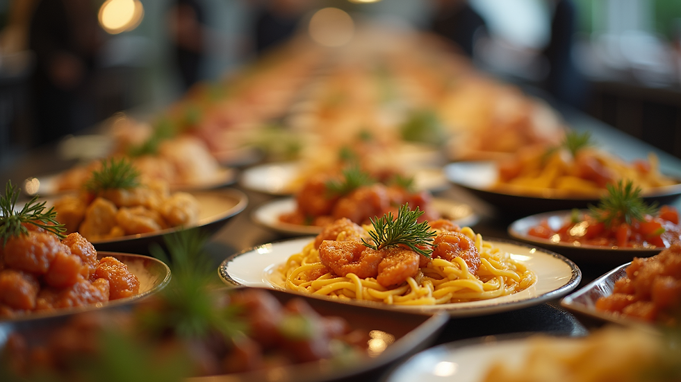 Eye-level view of a beautifully arranged buffet table with diverse dishes
