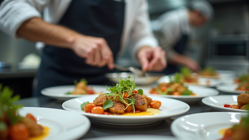 Close-up view of a chef plating gourmet dishes in a professional kitchen