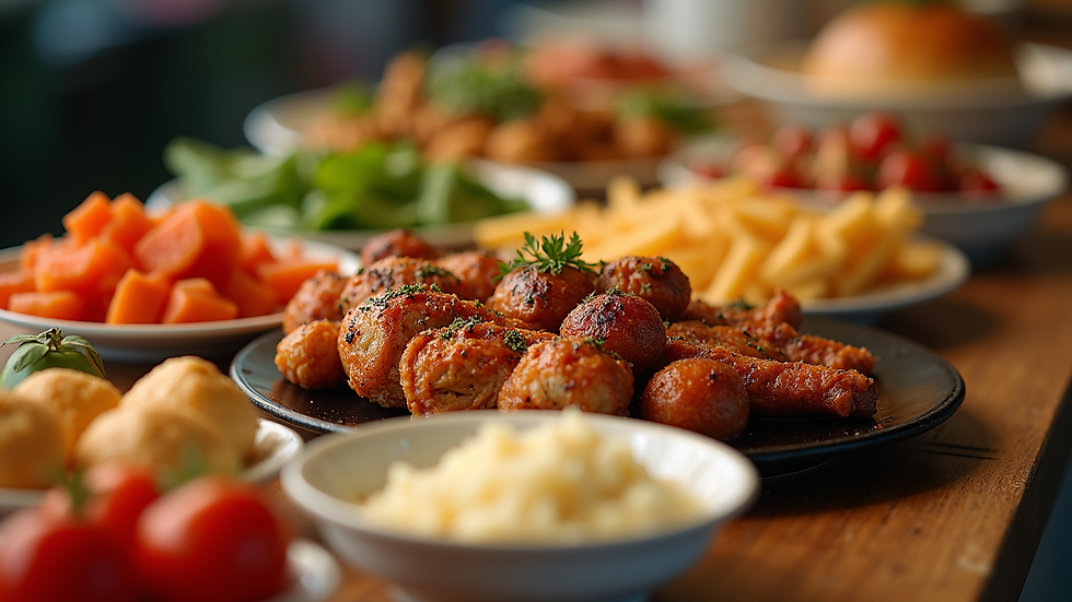 High angle view of a beautifully arranged lunch buffet with diverse dishes