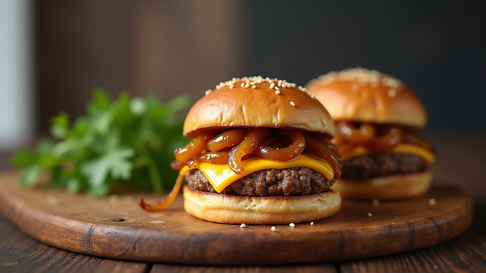 Eye-level view of a gourmet slider with caramelized onions and cheese on a wooden board
