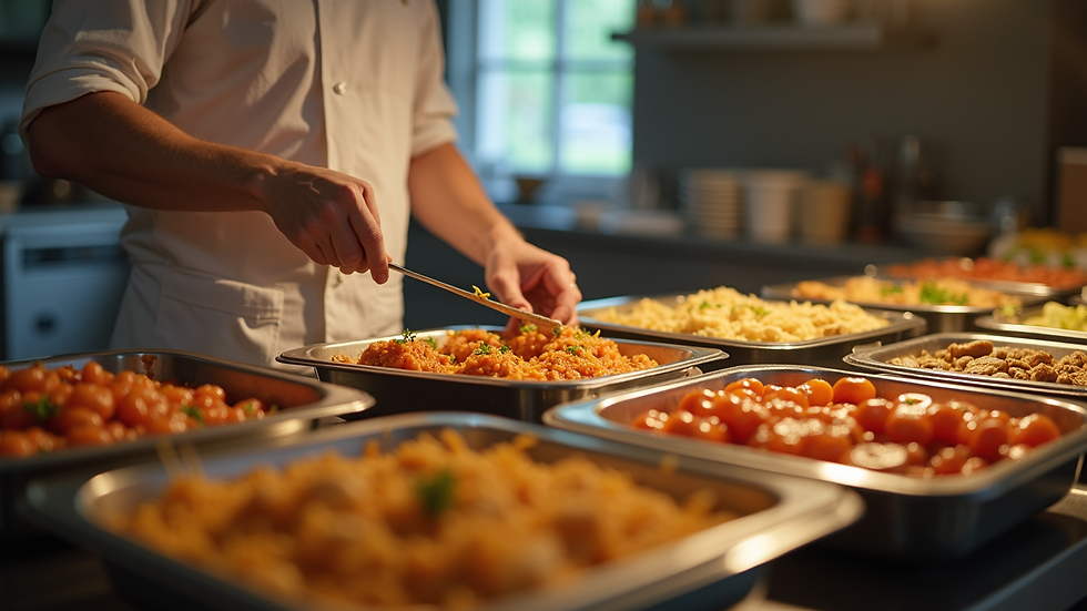 Close-up view of a caterer arranging hot dishes on a serving table