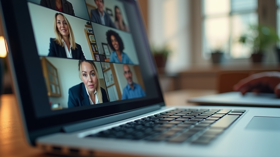 Close-up view of a laptop screen showing a virtual team meeting