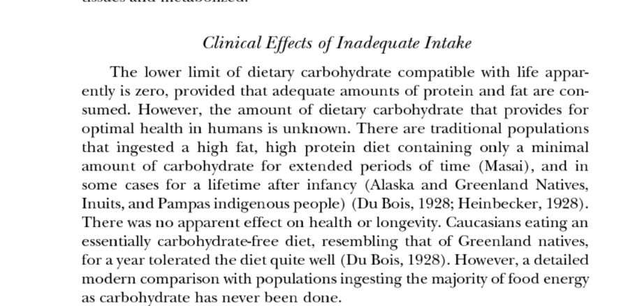An excerpt from the National Academy of Sciences Dietary Reference Intake Guide which is written by the Institute of Medicine which explains the lowest limit of dietary carbohydrate is zero.