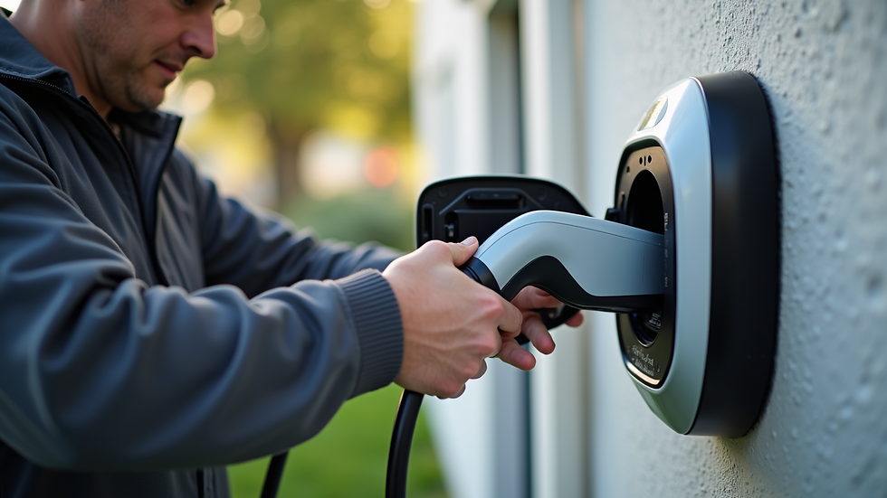 Close-up view of an electrician installing an EV charger on a house wall