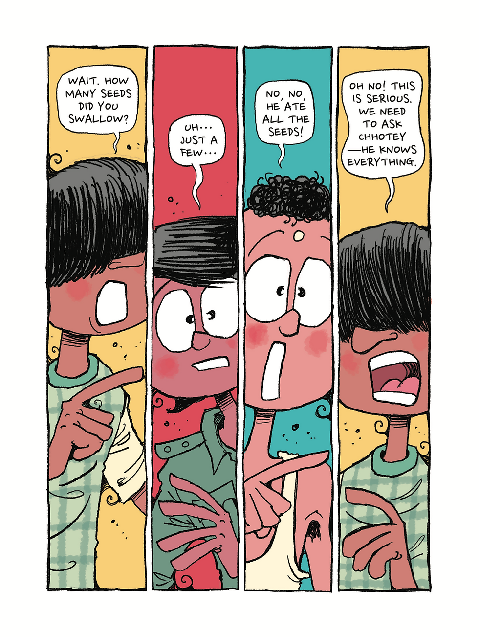 Thumbnail: four friends talking | Indian English funny picture book for kids about swallowing seeds and childhood fear | 4-7Y