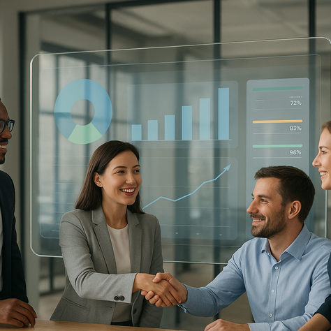 Colaboradores em uma reunião de negócios utilizando Painel de indicadores.png