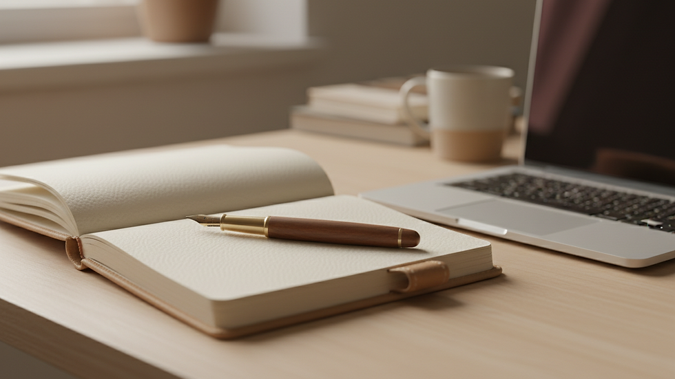 Close-up view of a notebook and pen on a table beside a laptop