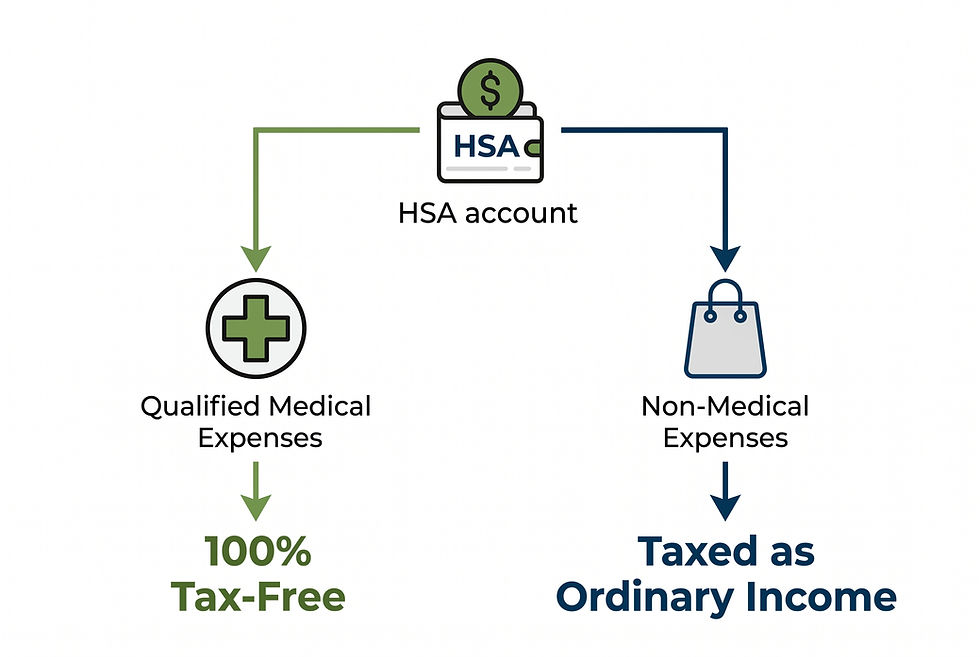 Infographic showing HSA account funds go to qualified medical expenses tax-free, but non-medical expenses are taxed as ordinary income.