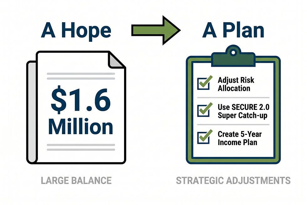 Slide graphic shows A Hope arrow to A Plan, with $1.6 Million large balance turning into a checklist of strategic adjustments.