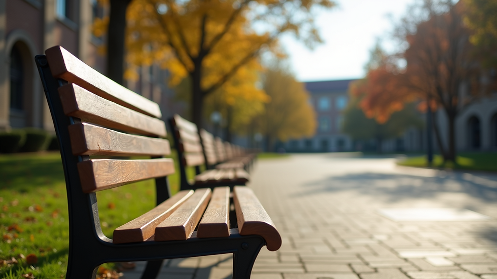 Close-up of a university campus with empty benches