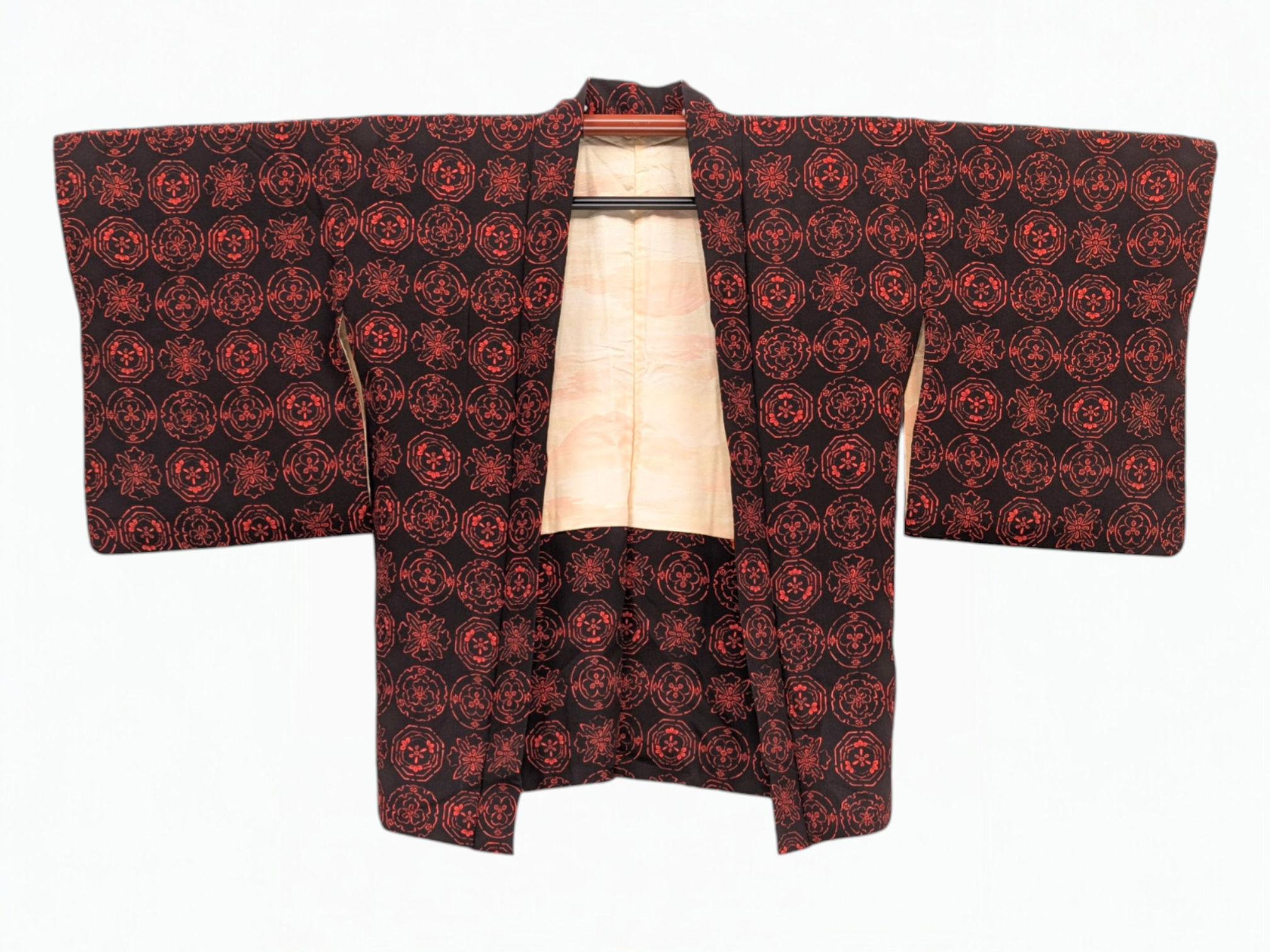 Veste Haori Vintage Long Noir - Medaillons Rouges