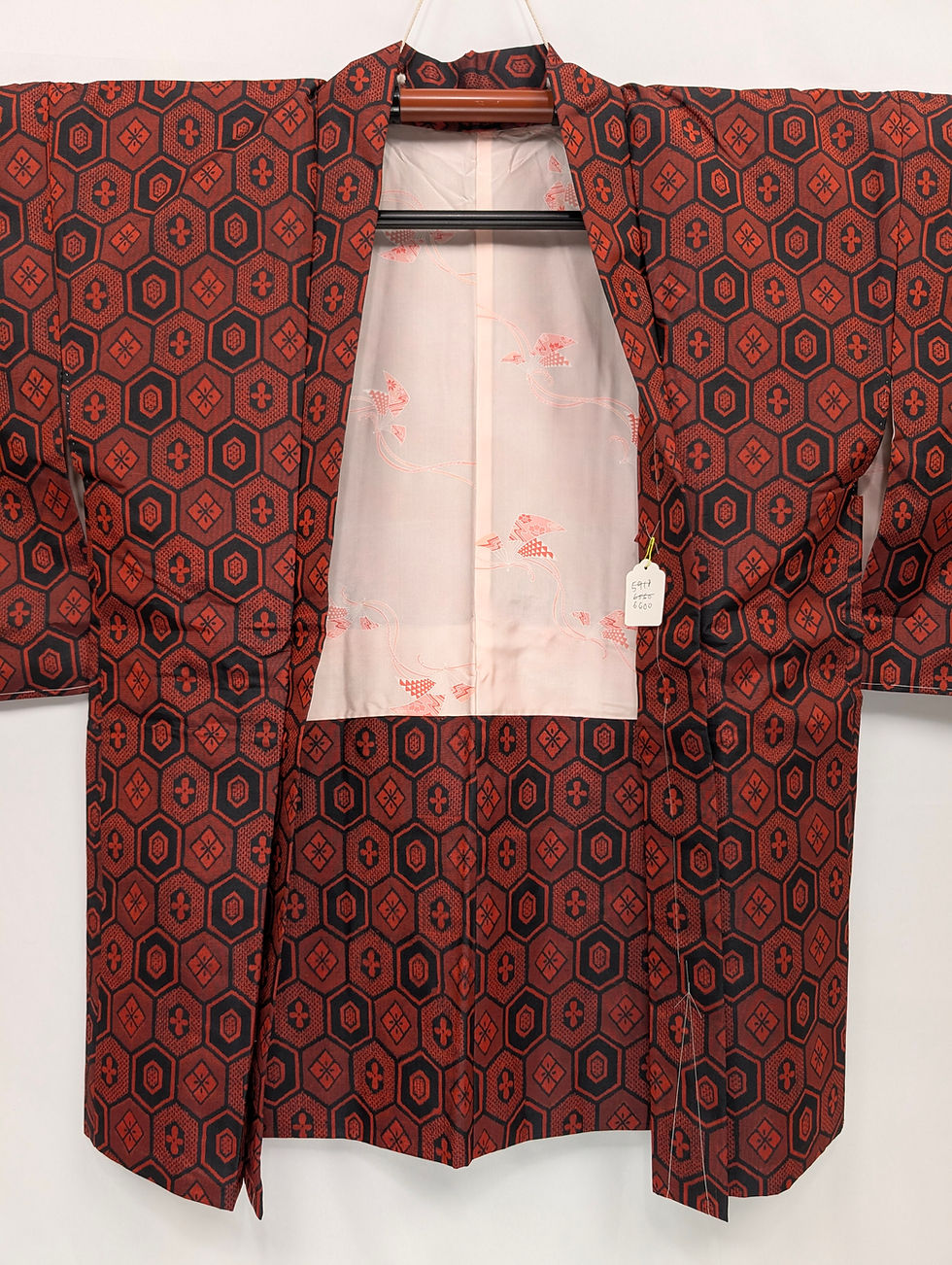 Miniature : Veste Haori Vintage Brique et Noir Géométrique - Kimono Court Traditionn