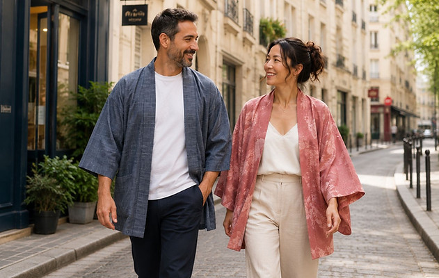 Couple en veste haori japonaise bleu et rose dans les rue de paris - Madame Haori