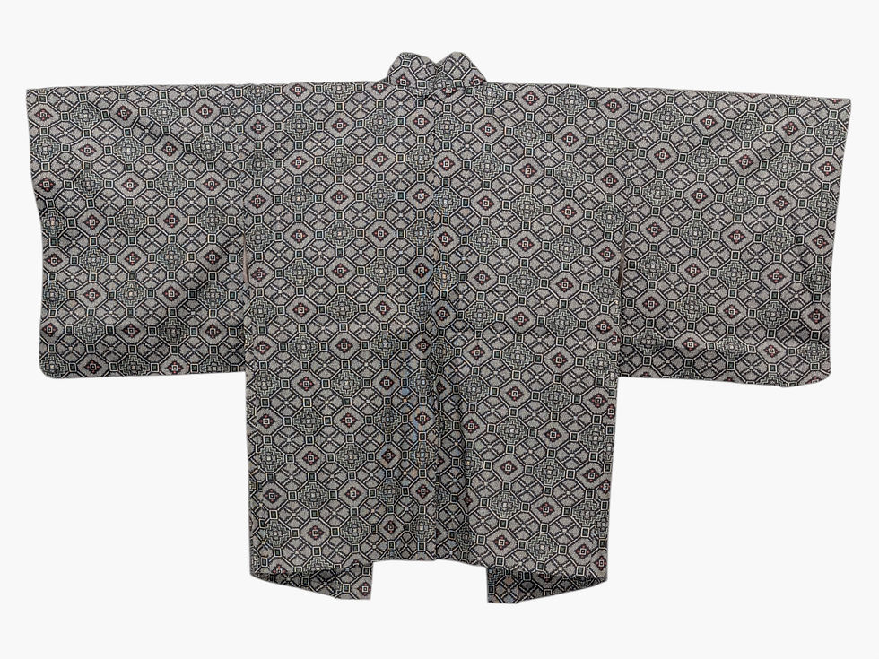 Miniature : Veste Kimono Haori Vintage - Noir Motifs Géométriques Verts Rouge
