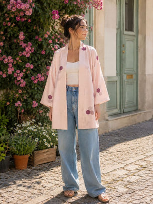 Jeune fille en veste haori rose dans un décor fleurie
