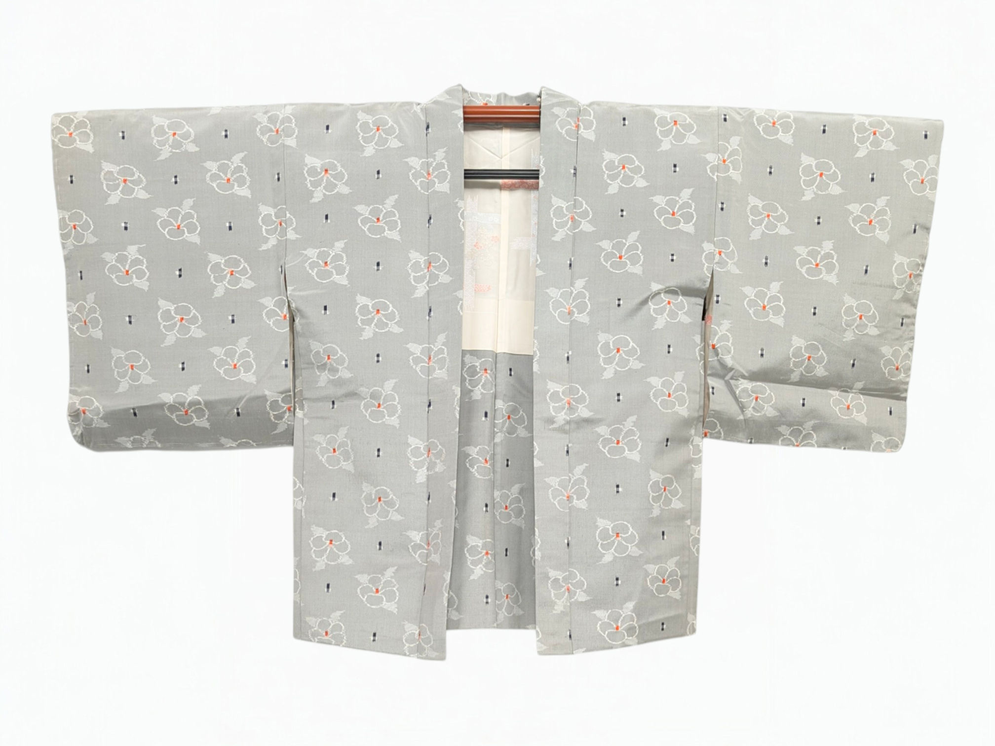 Veste Haori Vintage Gris - Fleurs Blanches