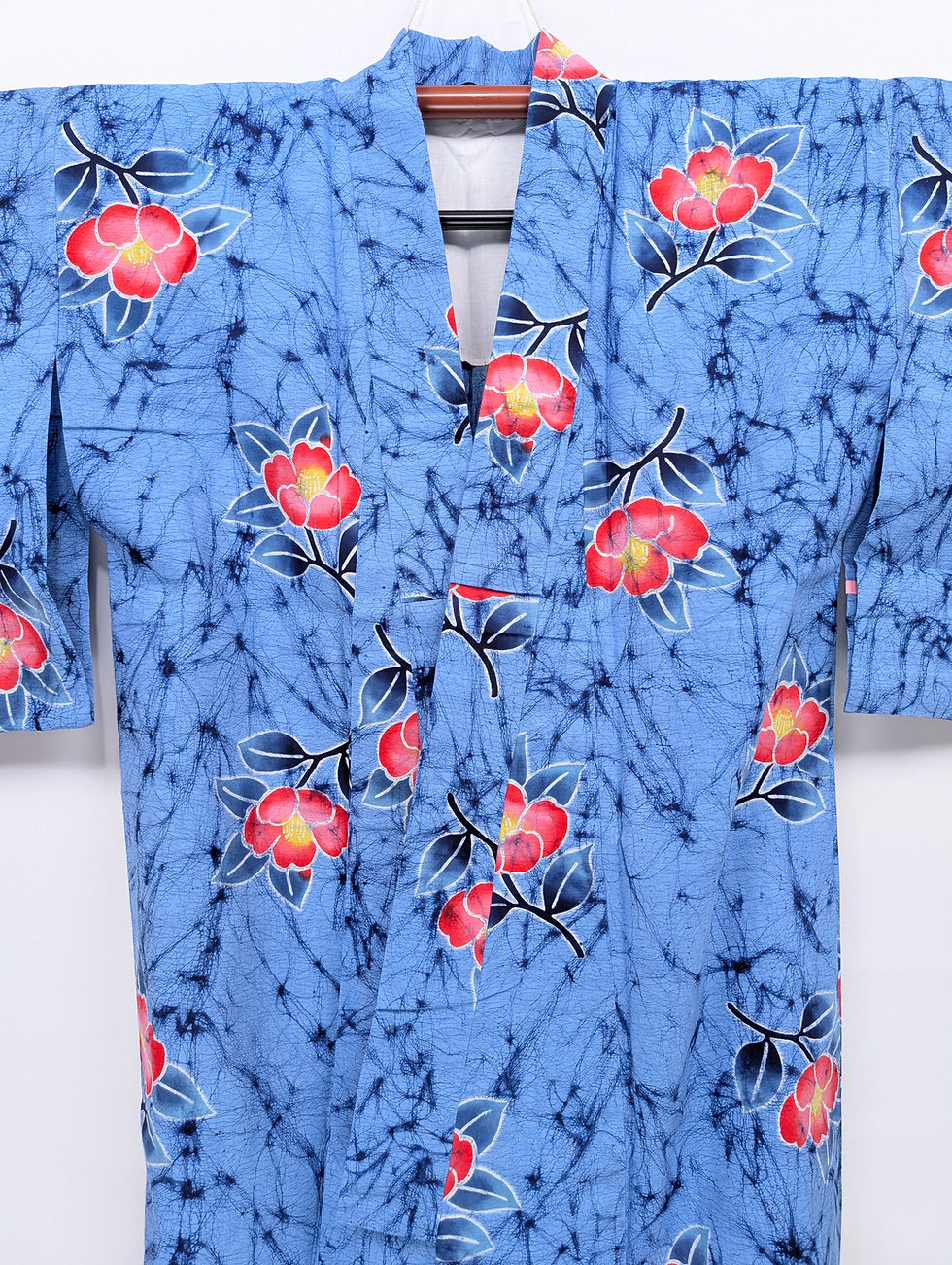 Miniature : Yukata Japonais Vintage Coton Bleu & Camélia Rouge