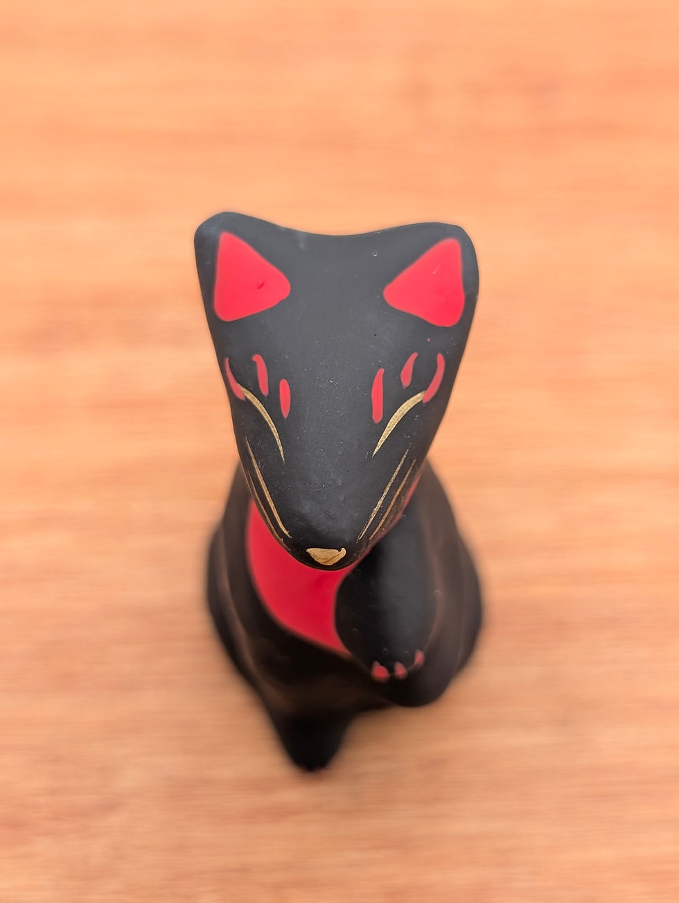 Miniature : Figurine Kitsune Noire en Papier Mâché Hariko - Renard Chance Neuf 7cm