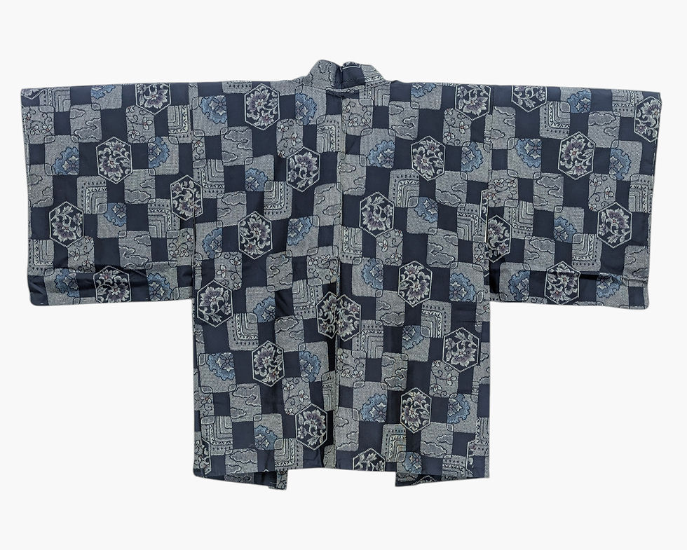 Miniature : Haori Vintage Bleu Motifs Géométriques et Fleuris