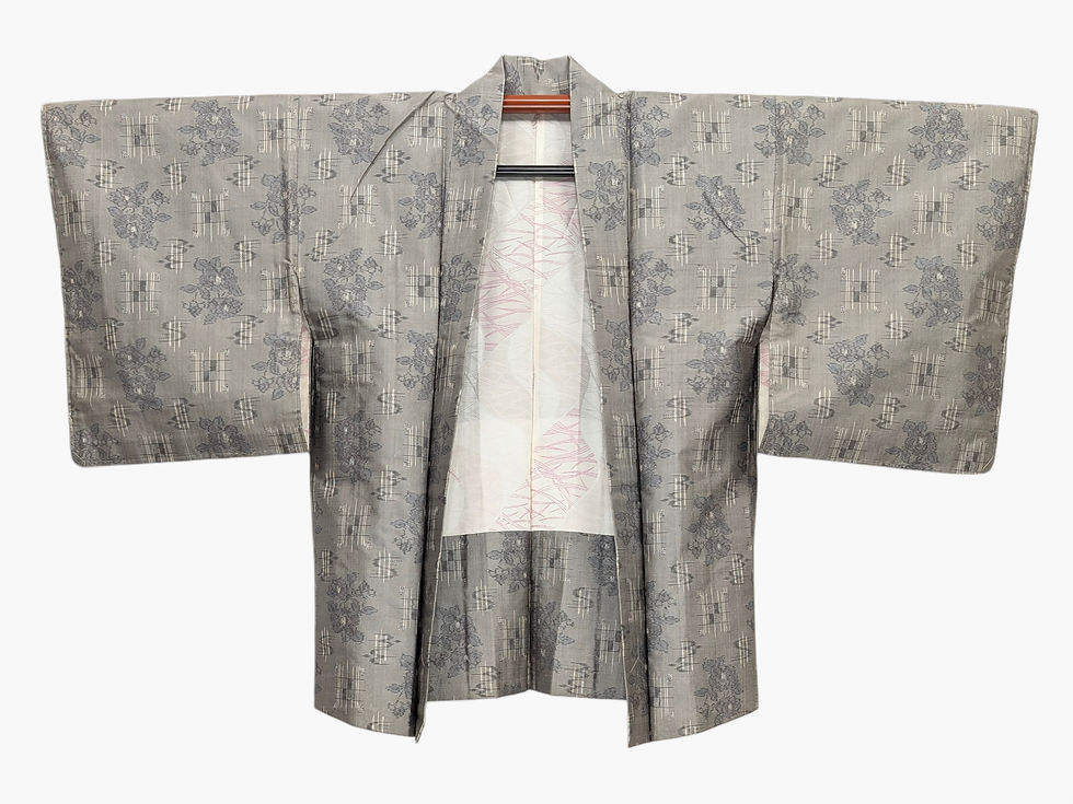 Miniature : Veste Haori Vintage Gris Argenté – Motifs Kasuri et Floraux