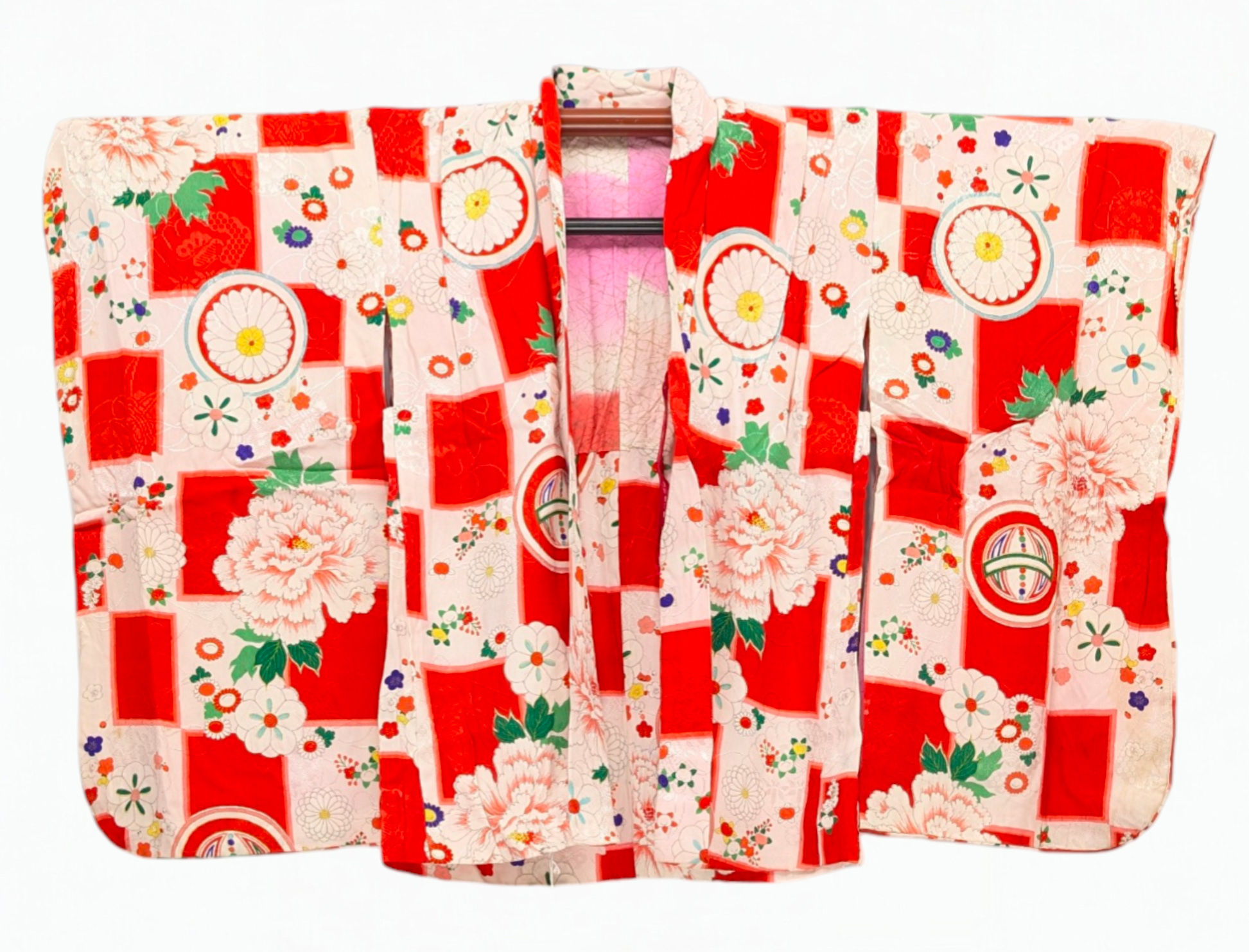 Haori Enfant Vintage Japonais Rouge et Crème à Motifs Fleurs