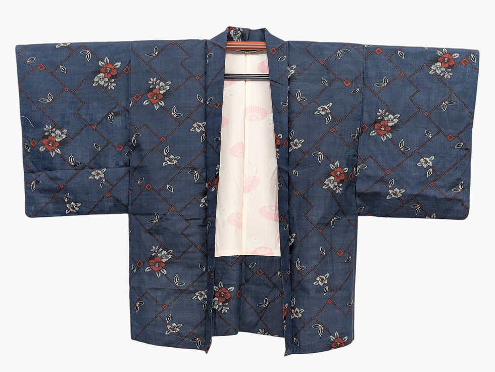 Miniature :  Veste Haori Vintage Tissé Bleu Indigo – Motifs Kasuri et Fleurs