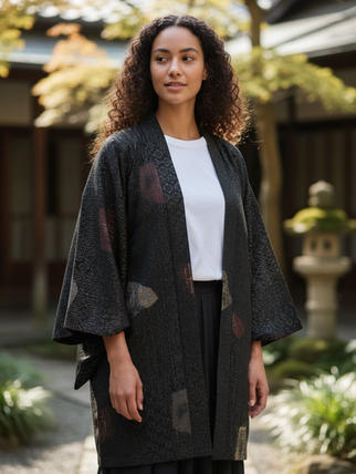 Jeune femme en Haori traditionnel dans un jardin japonais