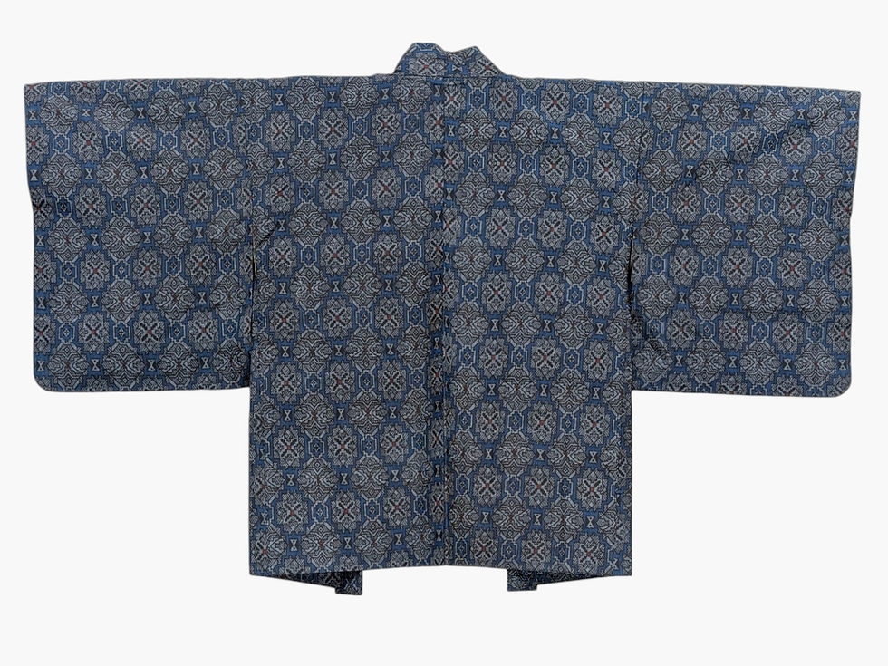 Miniature : Veste Haori Vintage Bleu Graphique - Texture Tsumugi Doublure Fleurie