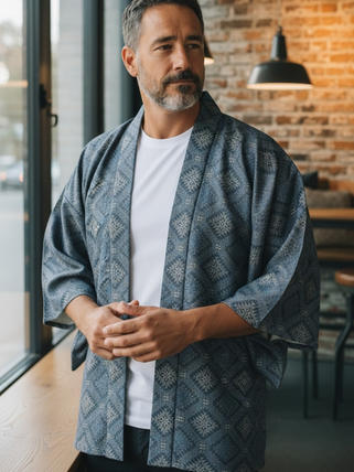 Homme portant un Haori bleu de façon élégante