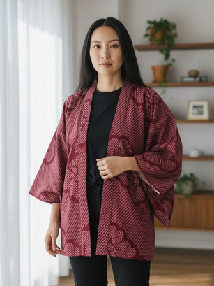 Jeune femme en haori shibori violet, veste traditionnelle japonaise