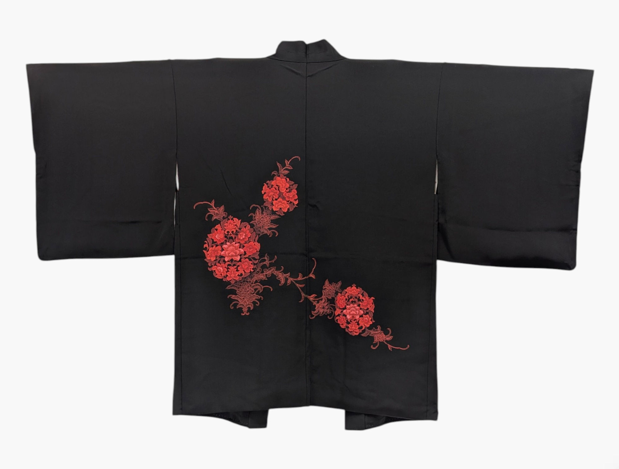 Veste Japonaise Haori Noir Profond - Motif Floral Rouge