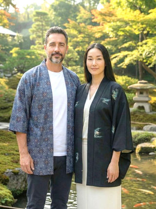 Couples vêtu de veste haori japonaise dans un jardin japonais avec bassin et carpes koi
