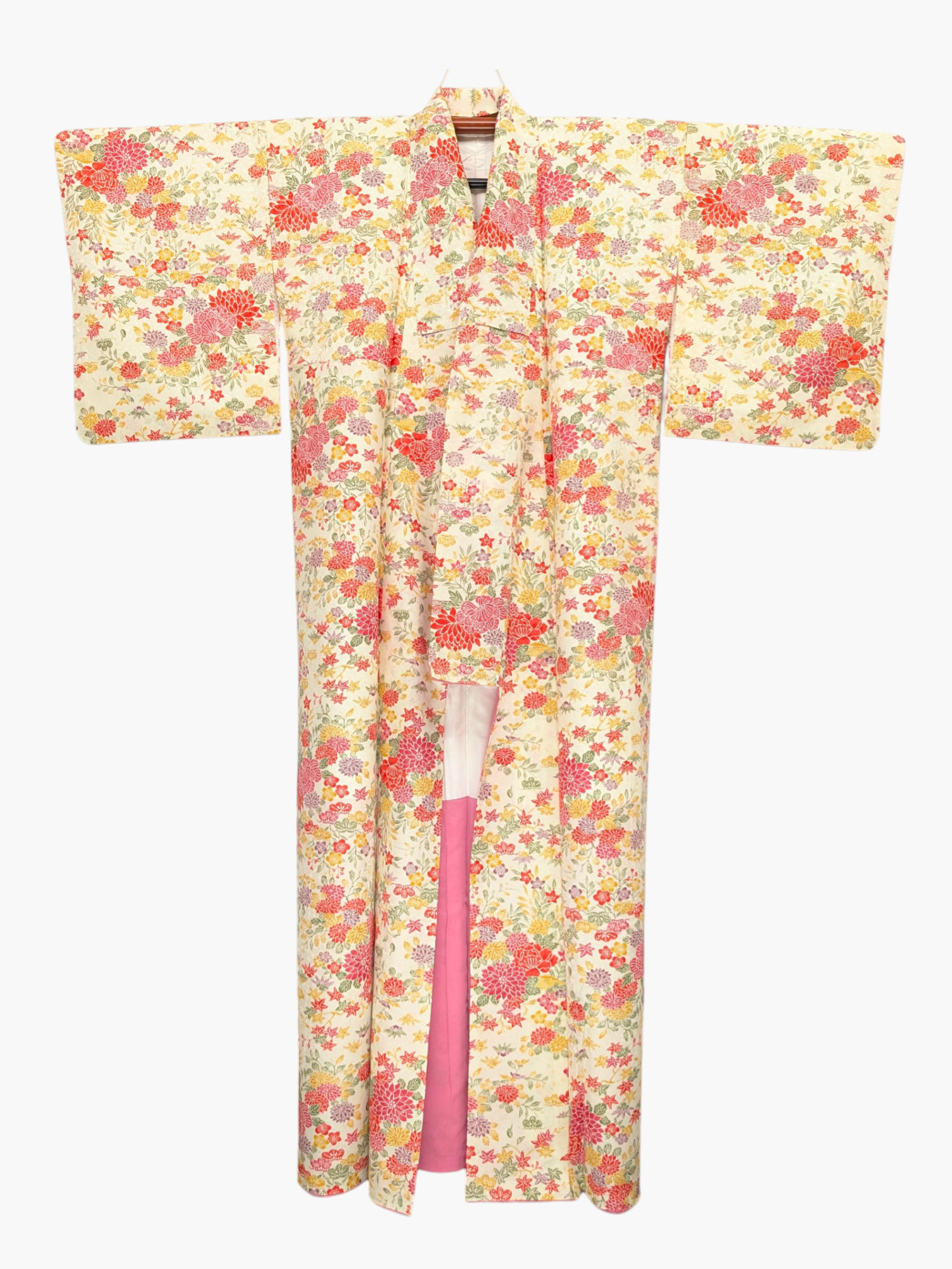 Kimono Vintage Japonais Rinzu - Crème & Fleurs Rouge Corail