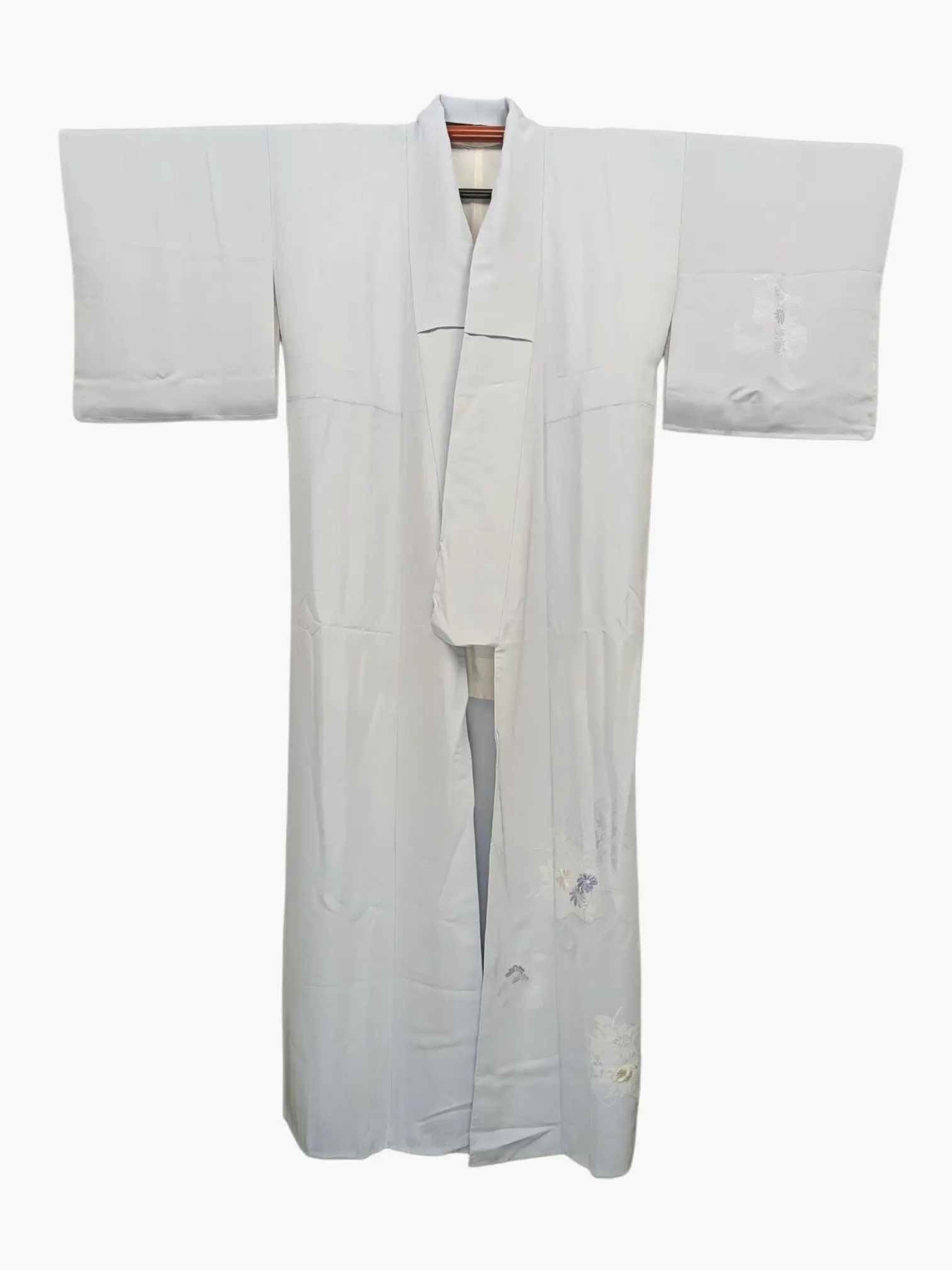 Kimono Vintage Femme - Bleu Glacé - Fines Broderies - Soie