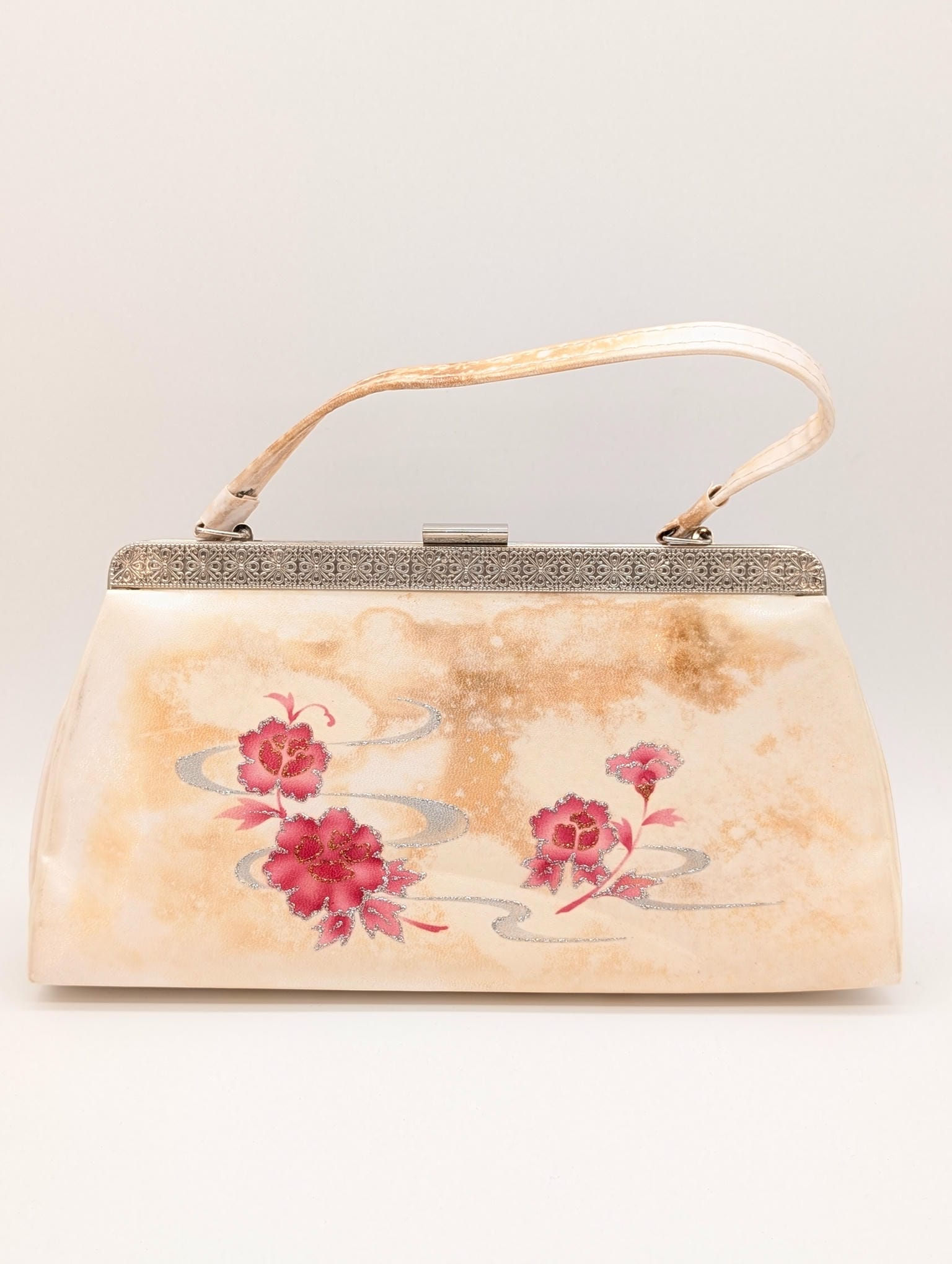 Sac à Main Vintage - Beige Marbré Motif Floral - 28x14 cm