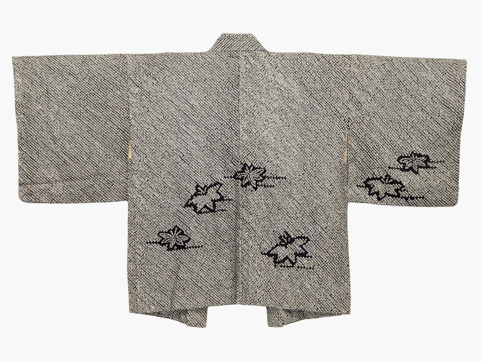 Miniature : Haori Vintage en Soie - Shibori Noir et Blanc Motif Feuilles