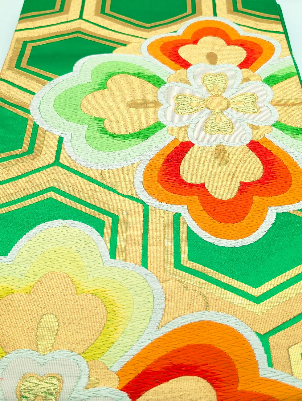 Miniature : Ceinture Obi Japonaise Vintage - Vert & Or Motif Floral - 400cm