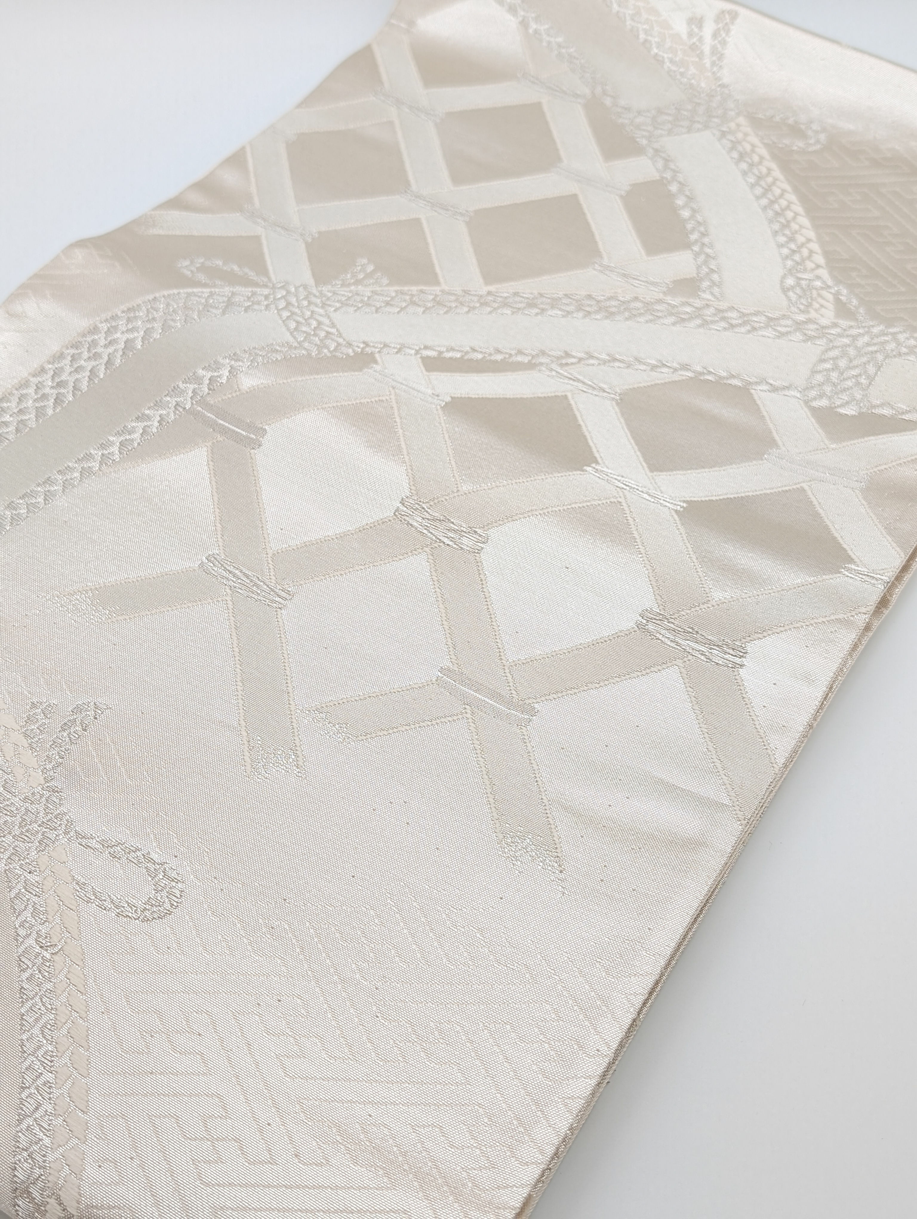 Obi Fukuro Japonais Vintage Ivoire et Argent - Motif Tressé