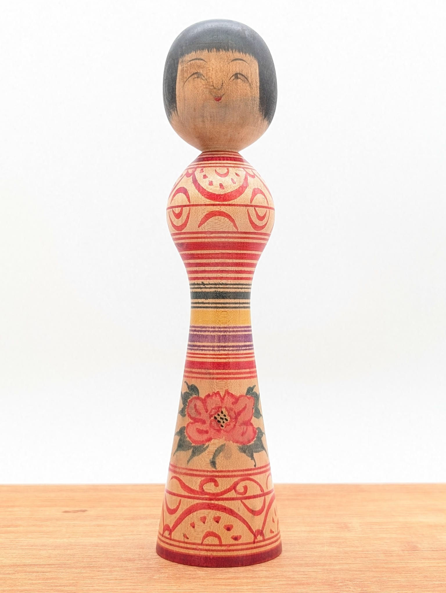 Poupée Kokeshi Vintage Tsugaru - Okuse Tetsunori - Motif Pivoine - Bois 23cm
