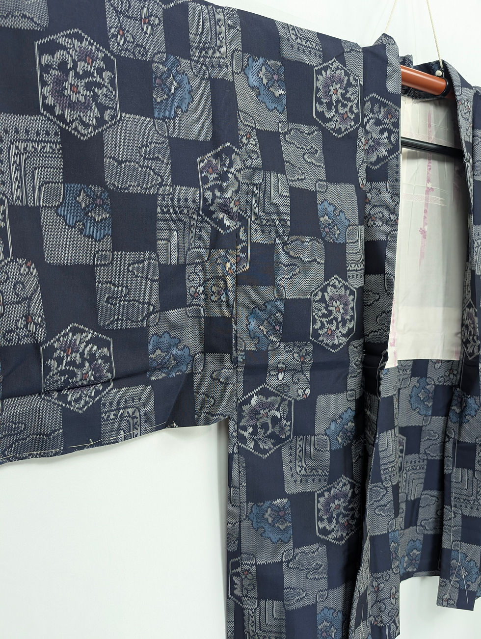 Miniature : Haori Vintage Bleu Motifs Géométriques et Fleuris
