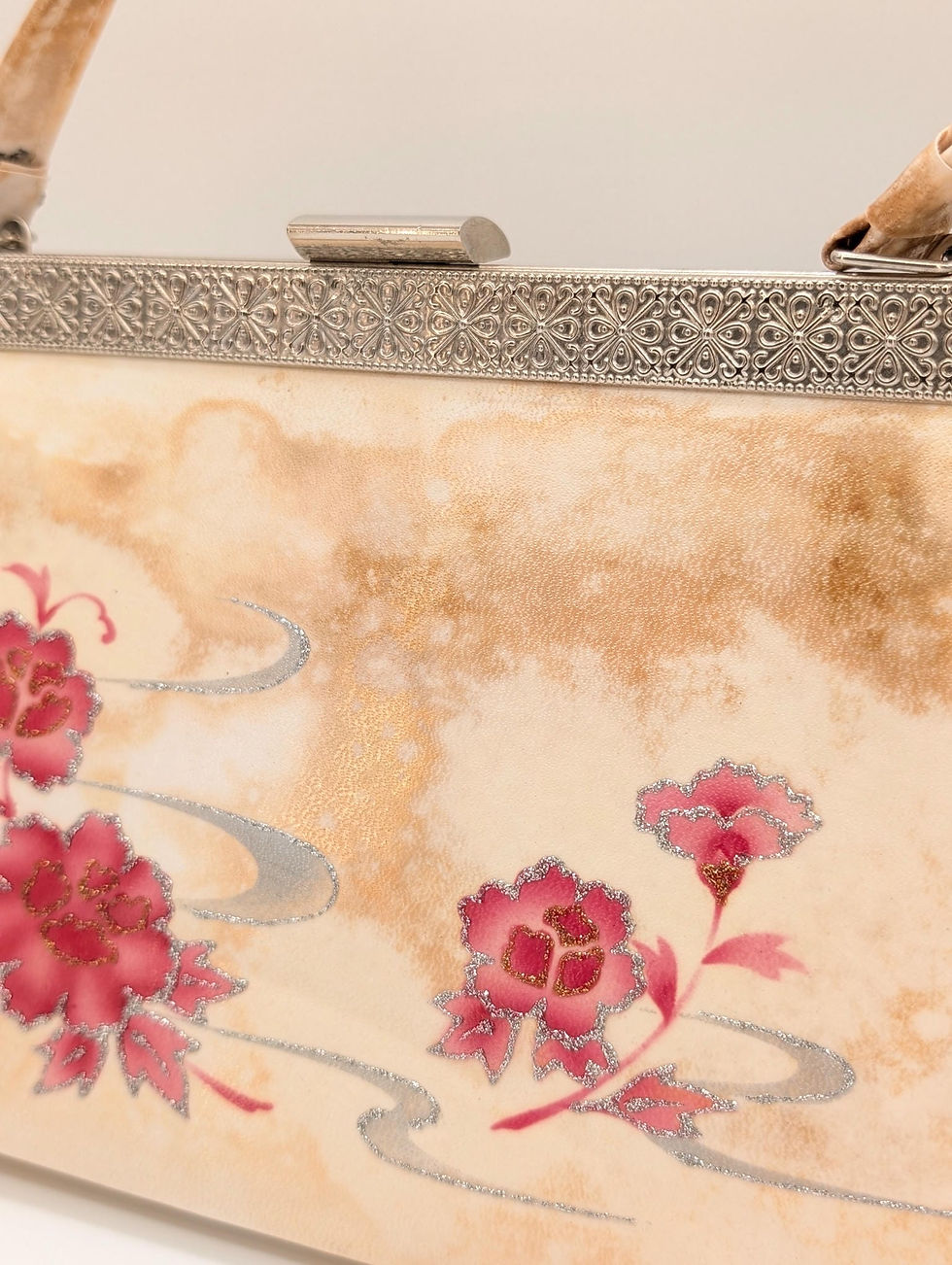 Miniature : Sac à Main Vintage - Beige Marbré Motif Floral - 28x14 cm