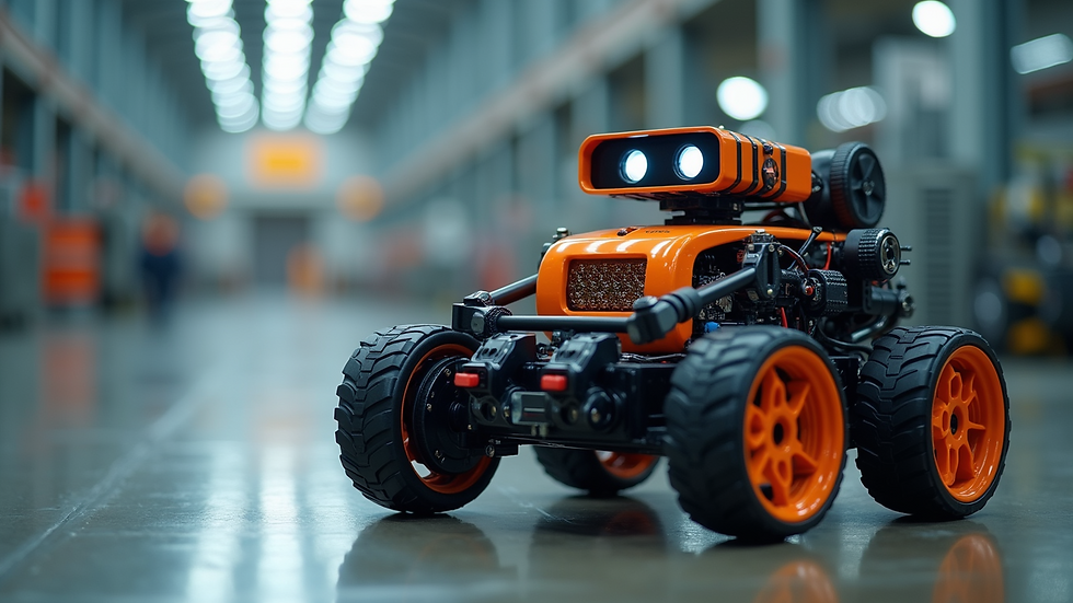 Close-up view of a robotic vehicle loaded with sensors for a competition