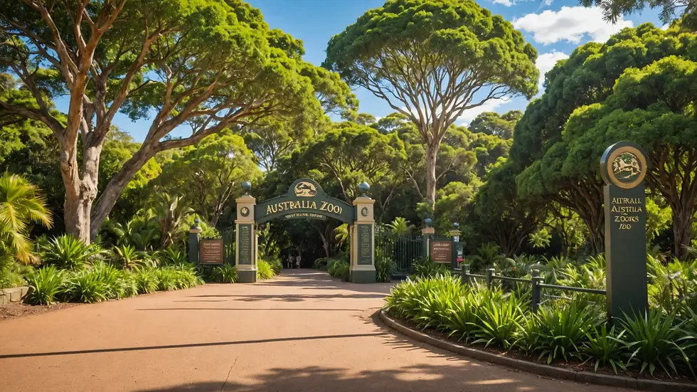 Wide angle view of Australia Zoo entrance sign surrounded by greenery