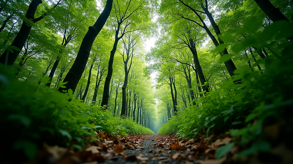 Eye-level view of a lush green forest canopy