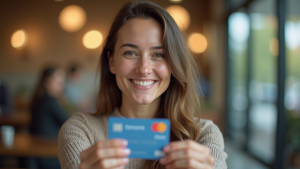 Close-up view of a smiling individual holding loyalty program cards