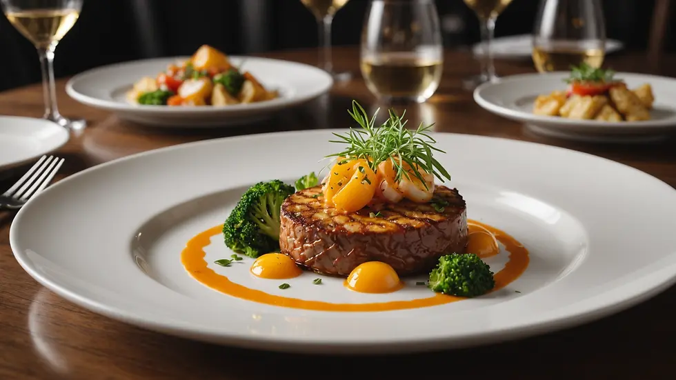 A beautifully plated dish in a modern restaurant setting.