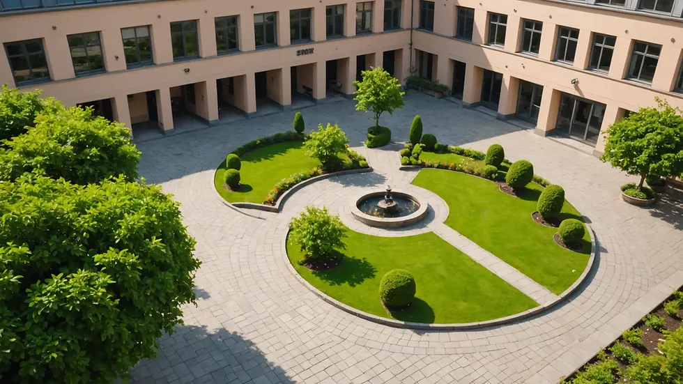 High angle view of SEK International Institution's open courtyard