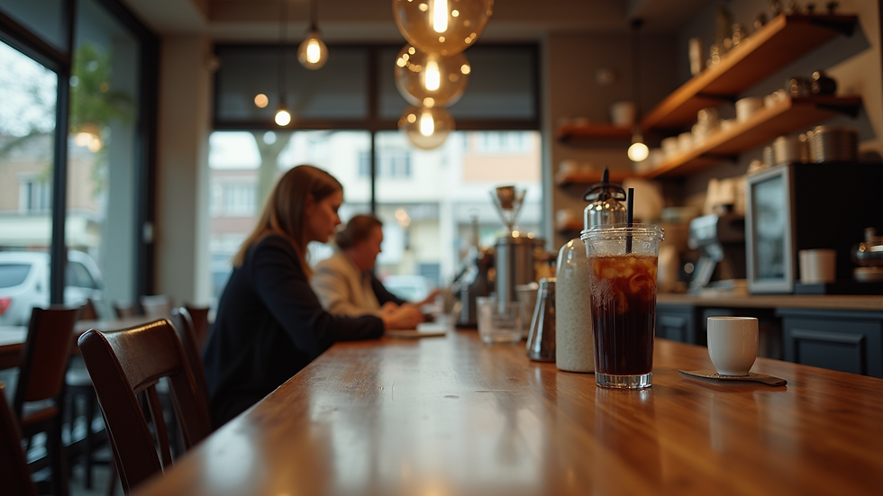 Eye-level view of a coffee shop interior with customers enjoying beverages