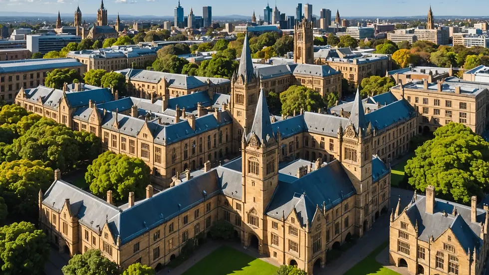 Wide angle view of the University of Melbourne campus with historical buildings