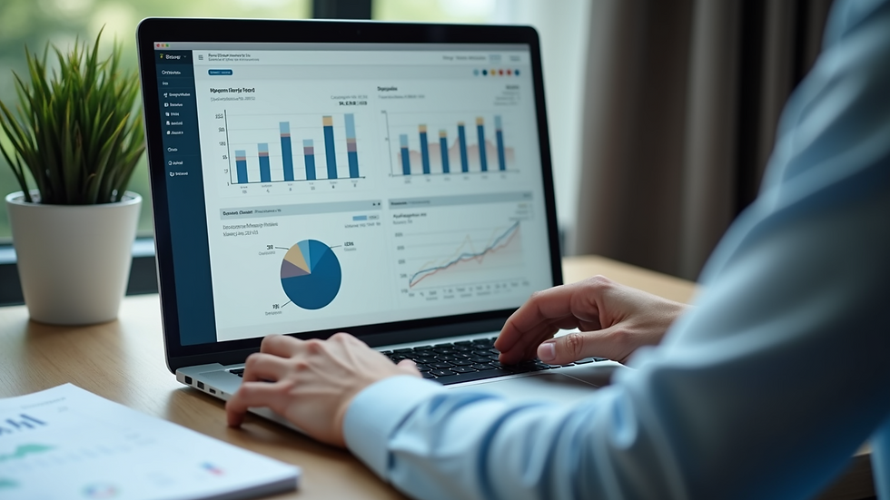 Close-up view of a person analyzing charts and graphs on a laptop